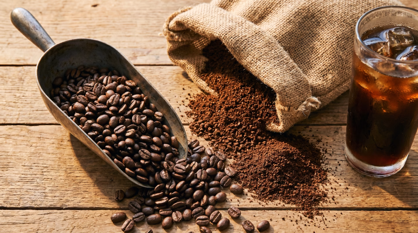 Dark roast coffee beans and coarse grounds for cold brew