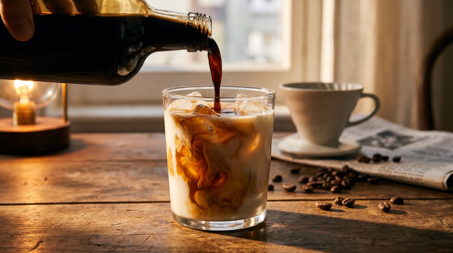 Cold brew concentrate poured into iced milk