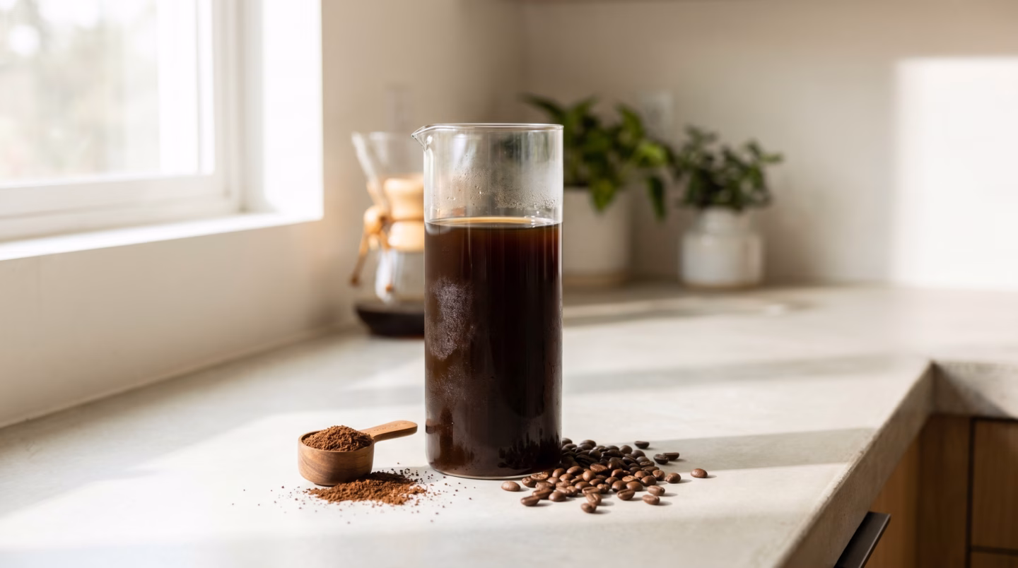 Glass cold brew coffee maker pitcher on a counter