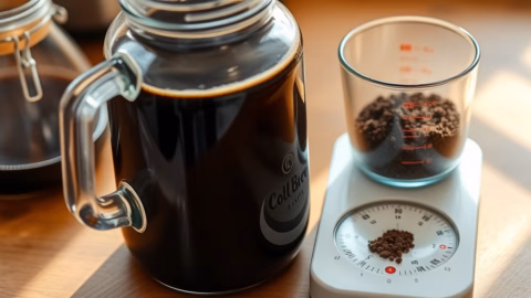 Glass jar of cold brew concentrate with coffee grounds and scale